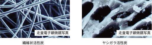 走査電子顕微鏡写真　繊維状活性炭とヤシガラ活性炭